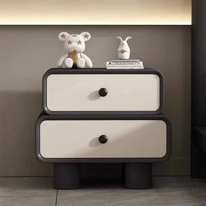 Modern Minimalist Microfiber Leather Pine Plywood MDF Stacked Cylinder Nightstand With 2 Drawers For Bedroom