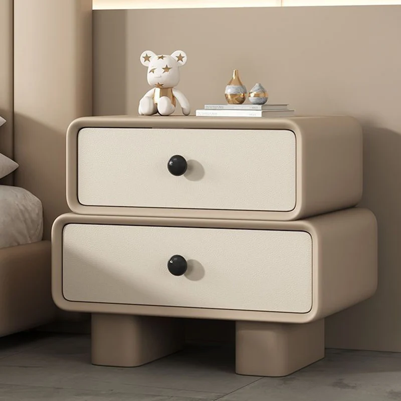 Modern Minimalist Microfiber Leather Pine Plywood MDF Stacked Cylinder Nightstand With 2 Drawers For Bedroom