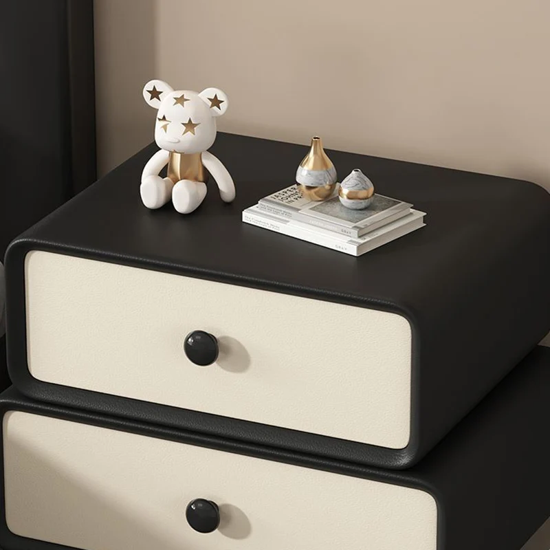 Modern Minimalist Microfiber Leather Pine Plywood MDF Stacked Cylinder Nightstand With 2 Drawers For Bedroom