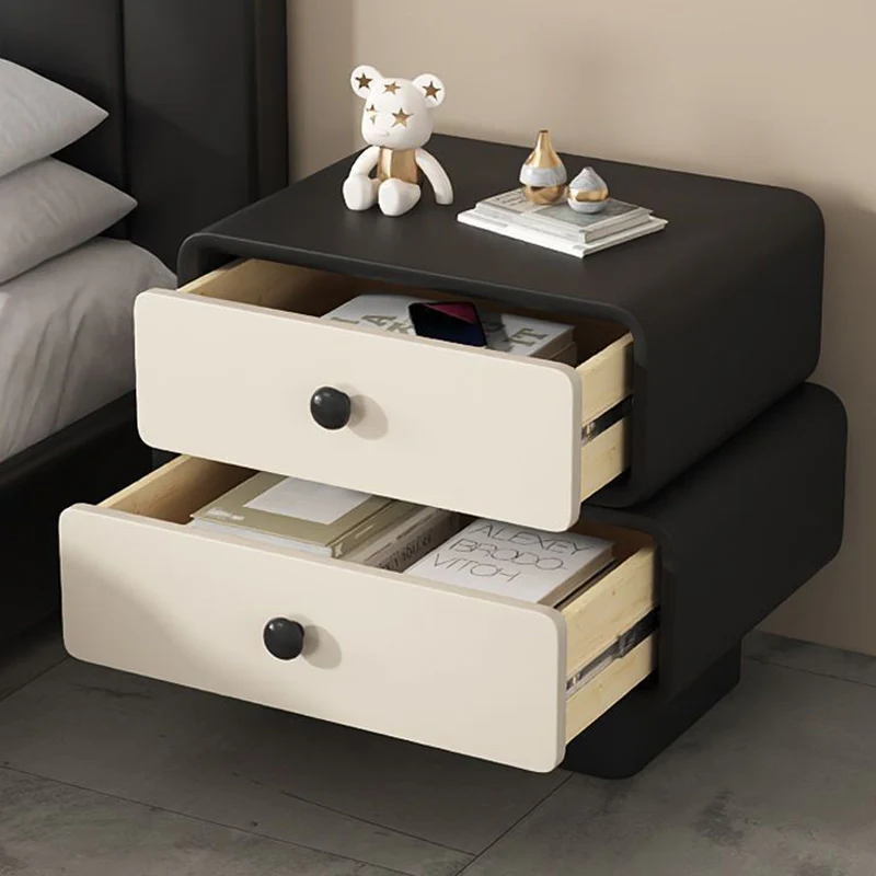 Modern Minimalist Microfiber Leather Pine Plywood MDF Stacked Cylinder Nightstand With 2 Drawers For Bedroom