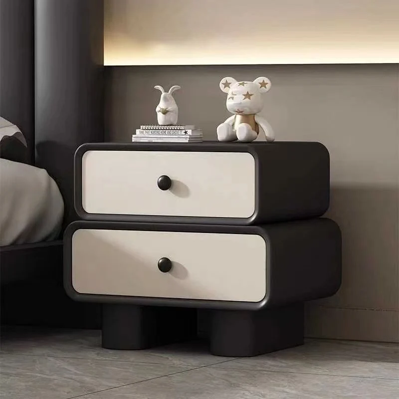 Modern Minimalist Microfiber Leather Pine Plywood MDF Stacked Cylinder Nightstand With 2 Drawers For Bedroom
