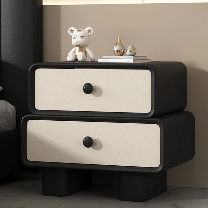 Modern Minimalist Microfiber Leather Pine Plywood MDF Stacked Cylinder Nightstand With 2 Drawers For Bedroom