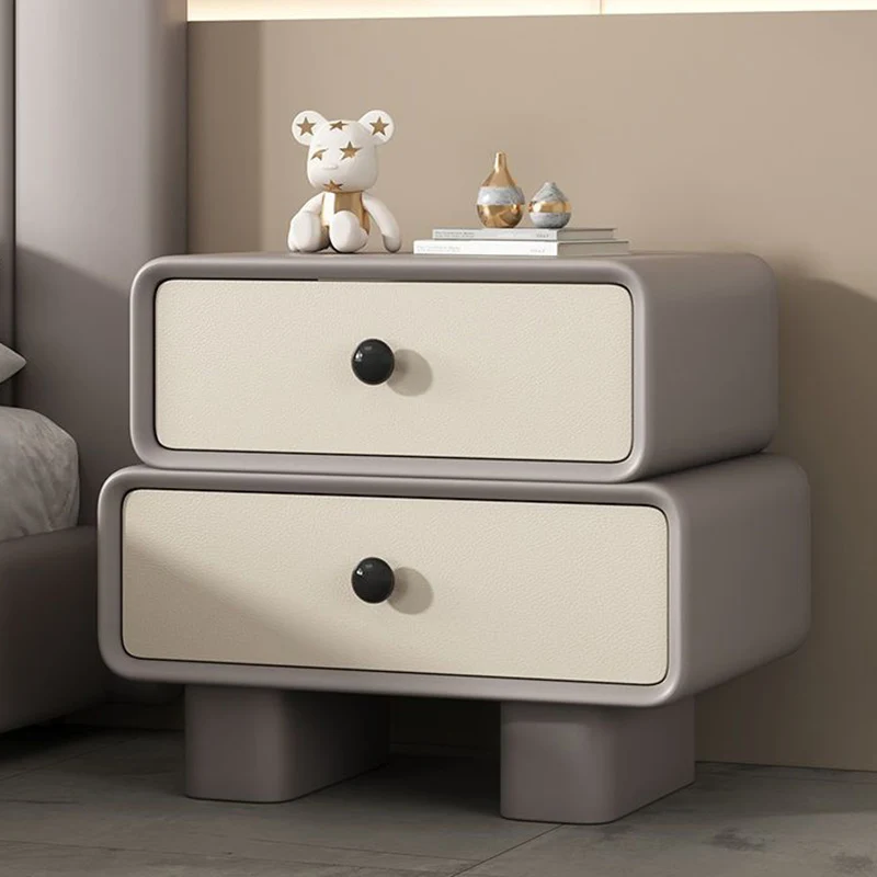 Modern Minimalist Microfiber Leather Pine Plywood MDF Stacked Cylinder Nightstand With 2 Drawers For Bedroom