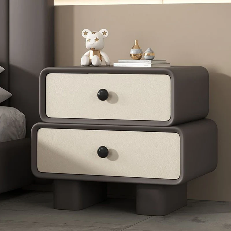 Modern Minimalist Microfiber Leather Pine Plywood MDF Stacked Cylinder Nightstand With 2 Drawers For Bedroom