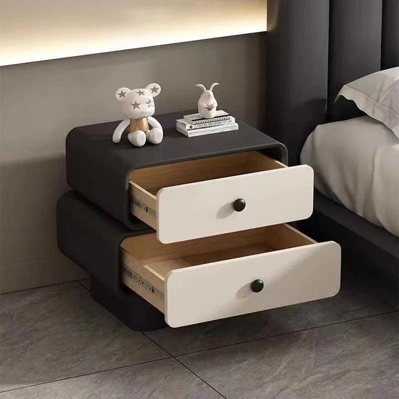 Modern Minimalist Microfiber Leather Pine Plywood MDF Stacked Cylinder Nightstand With 2 Drawers For Bedroom