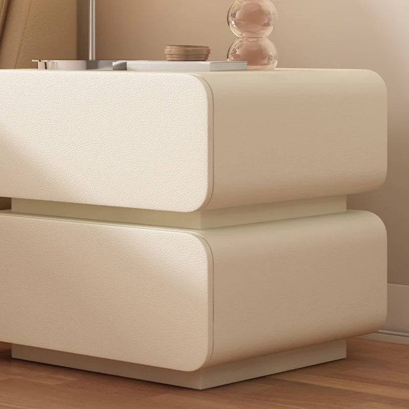 Modern Minimalist Solid Wood Faux Leather Metal Rounded Nightstand With 2 Drawers For Bedroom