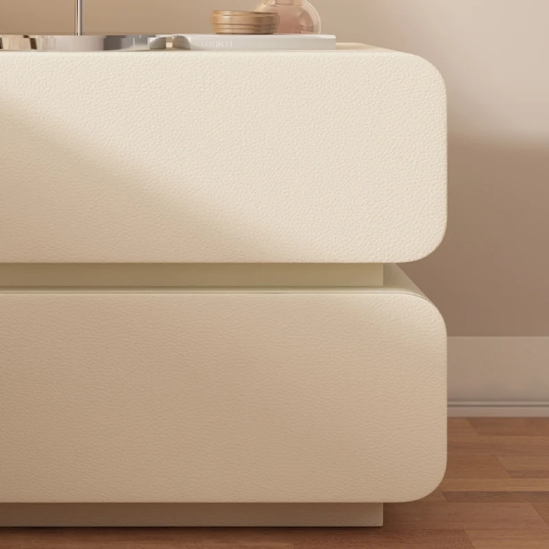 Modern Minimalist Solid Wood Faux Leather Metal Rounded Nightstand With 2 Drawers For Bedroom