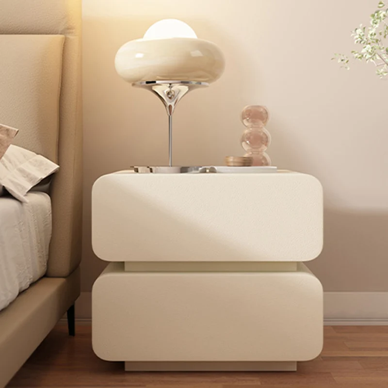 Modern Minimalist Solid Wood Faux Leather Metal Rounded Nightstand With 2 Drawers For Bedroom