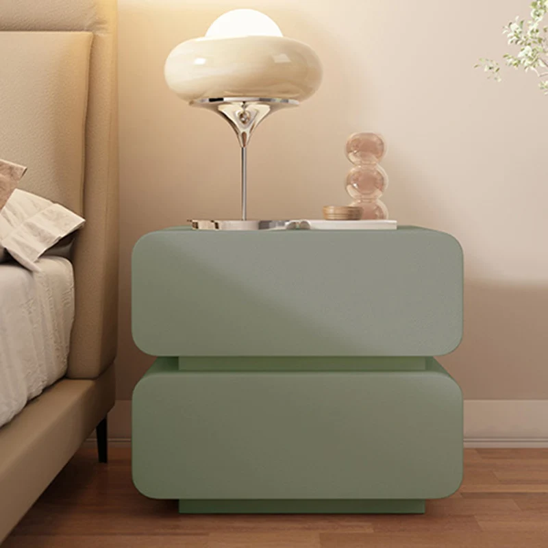 Modern Minimalist Solid Wood Faux Leather Metal Rounded Nightstand With 2 Drawers For Bedroom