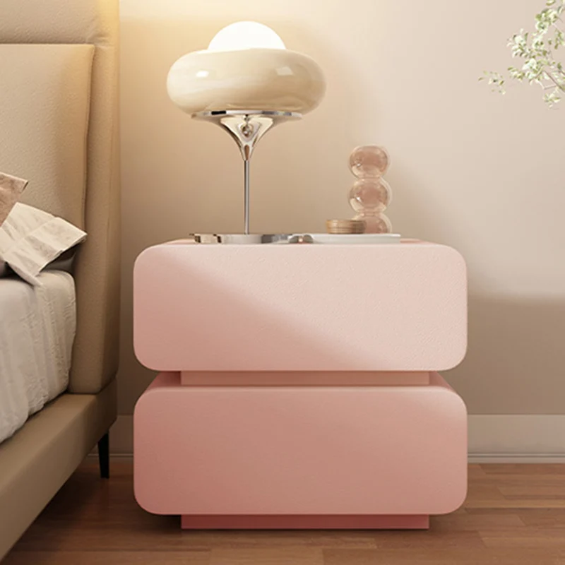 Modern Minimalist Solid Wood Faux Leather Metal Rounded Nightstand With 2 Drawers For Bedroom