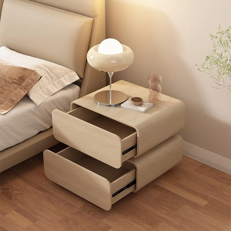 Modern Minimalist Solid Wood Faux Leather Metal Rounded Nightstand With 2 Drawers For Bedroom
