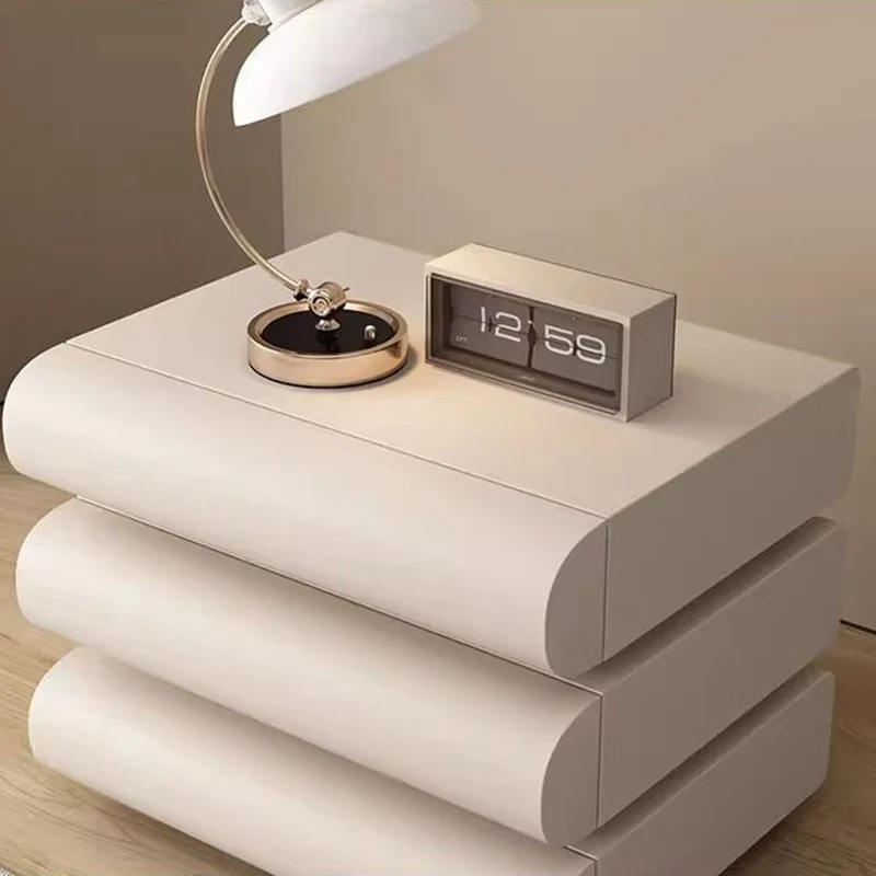 Contemporary Creative Faux Leather Solid Wood Metal Semi-Round Square Nightstand With 3 Drawers For Bedroom