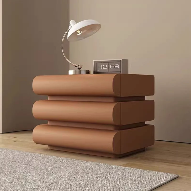 Contemporary Creative Faux Leather Solid Wood Metal Semi-Round Square Nightstand With 3 Drawers For Bedroom