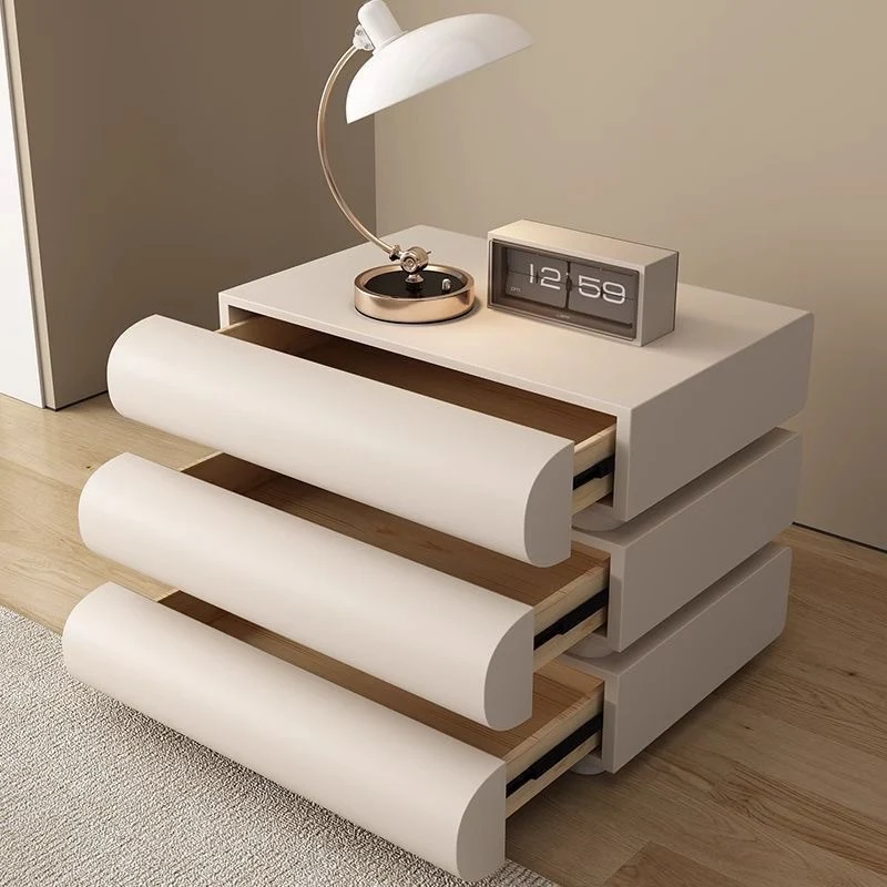Contemporary Creative Faux Leather Solid Wood Metal Semi-Round Square Nightstand With 3 Drawers For Bedroom