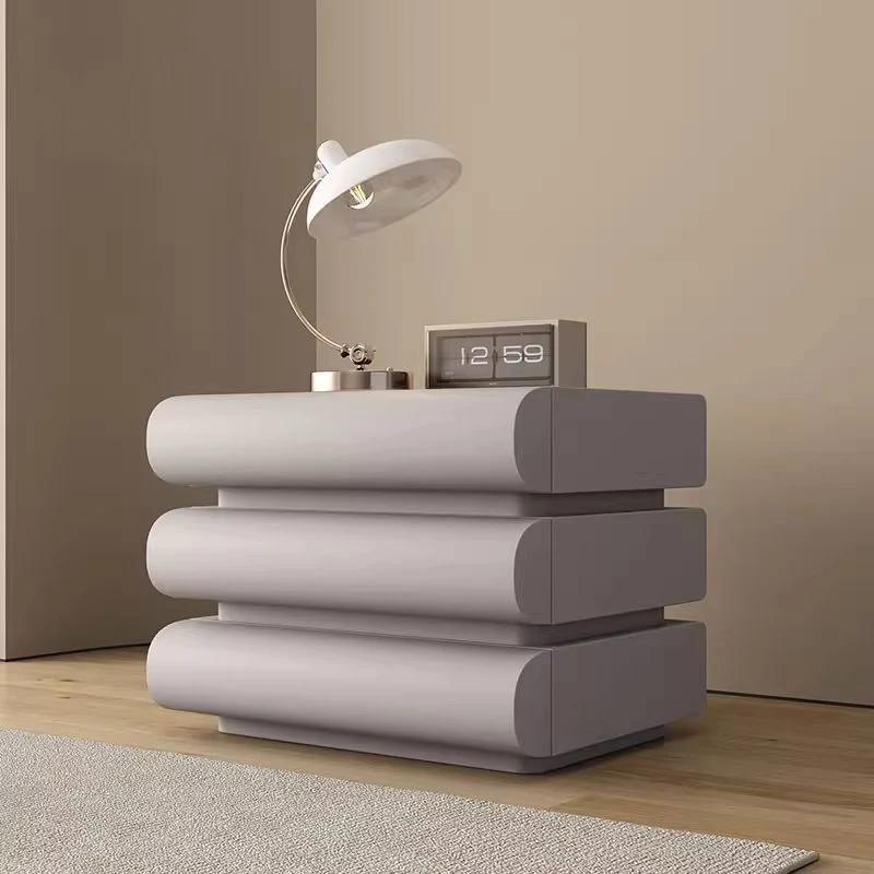 Contemporary Creative Faux Leather Solid Wood Metal Semi-Round Square Nightstand With 3 Drawers For Bedroom