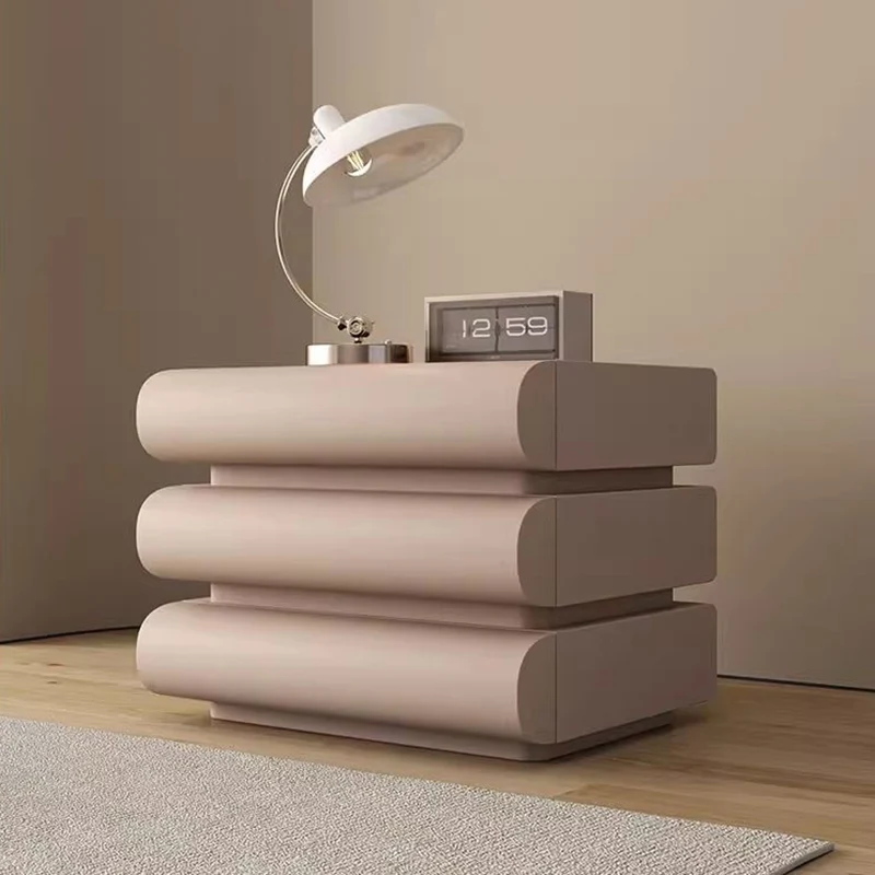 Contemporary Creative Faux Leather Solid Wood Metal Semi-Round Square Nightstand With 3 Drawers For Bedroom