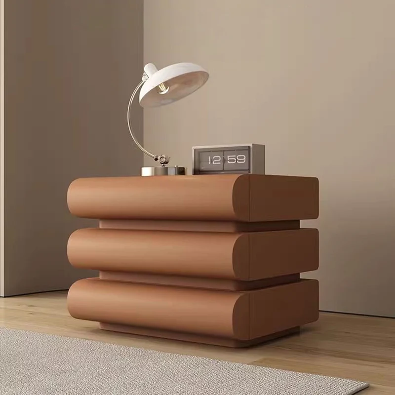 Contemporary Creative Faux Leather Solid Wood Metal Semi-Round Square Nightstand With 3 Drawers For Bedroom