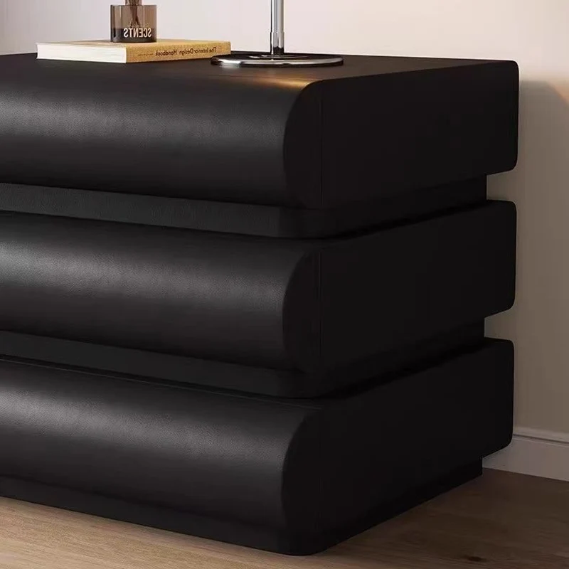 Modern Luxury Faux Leather Solid Wood Metal Curved Nightstand With 3 Drawers For Bedroom