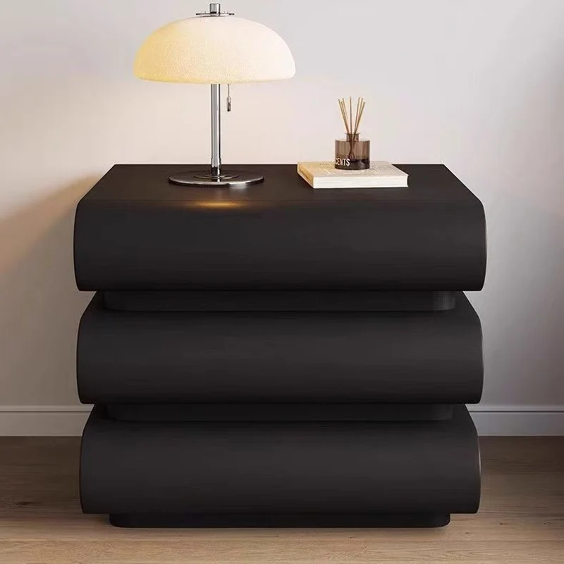 Modern Luxury Faux Leather Solid Wood Metal Curved Nightstand With 3 Drawers For Bedroom