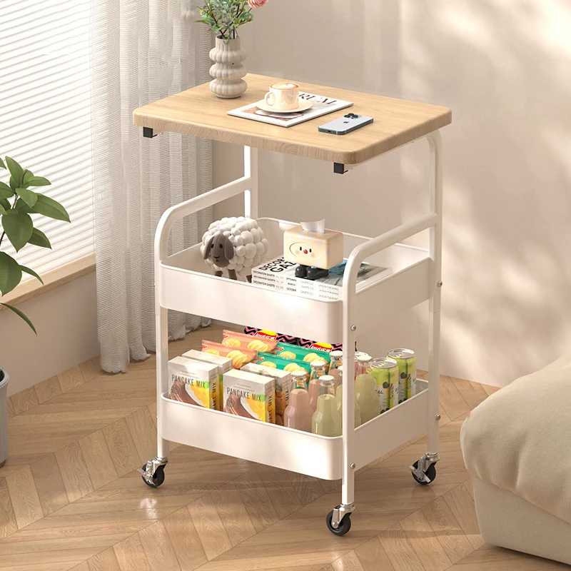 Modern Minimalist Wood Metal Rectangular Mobile Side Table With 3-Tier For Living Room