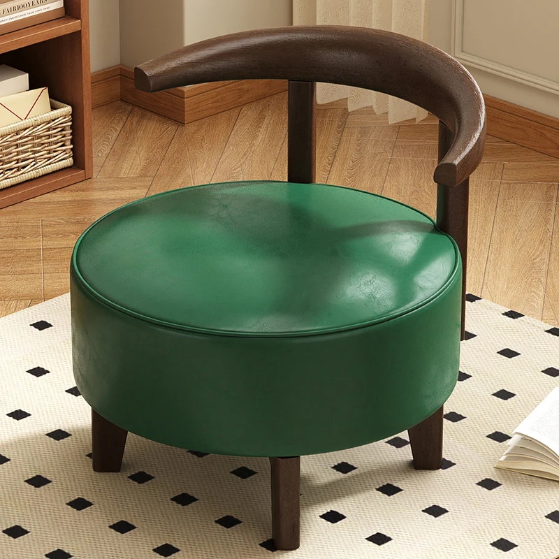 Traditional Vintage Round Rubberwood Faux Oil-Waxed Leather Sponge Swivel Accent Chair Backrest Armless For Living Room