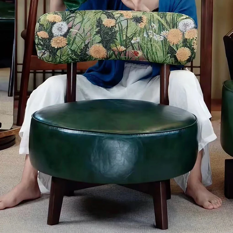 Traditional Vintage Round Rubberwood Faux Oil-Waxed Leather Sponge Swivel Accent Chair Backrest Armless For Living Room