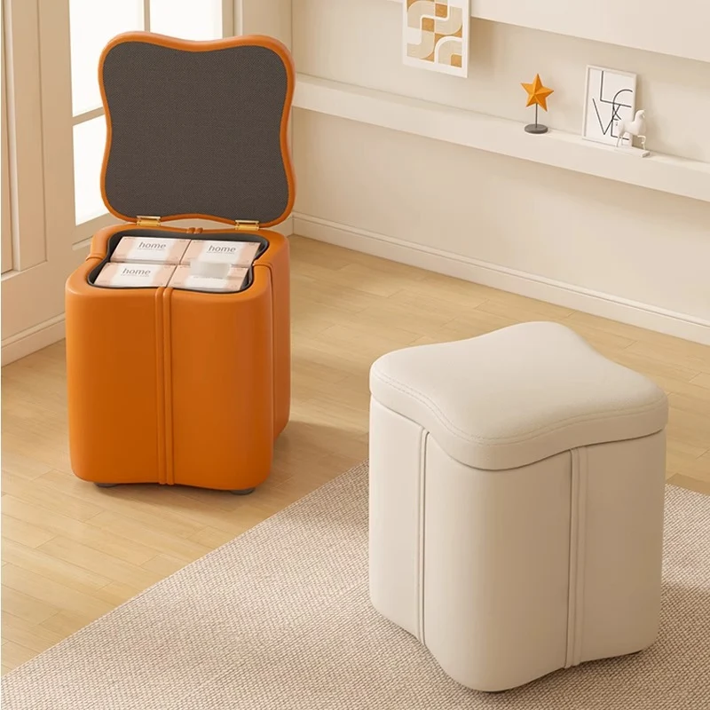 Modern Minimalist Flower Square Storable Solid Wood Synthetic Fabric Sponge Low Stool Backless Armless For Living Room