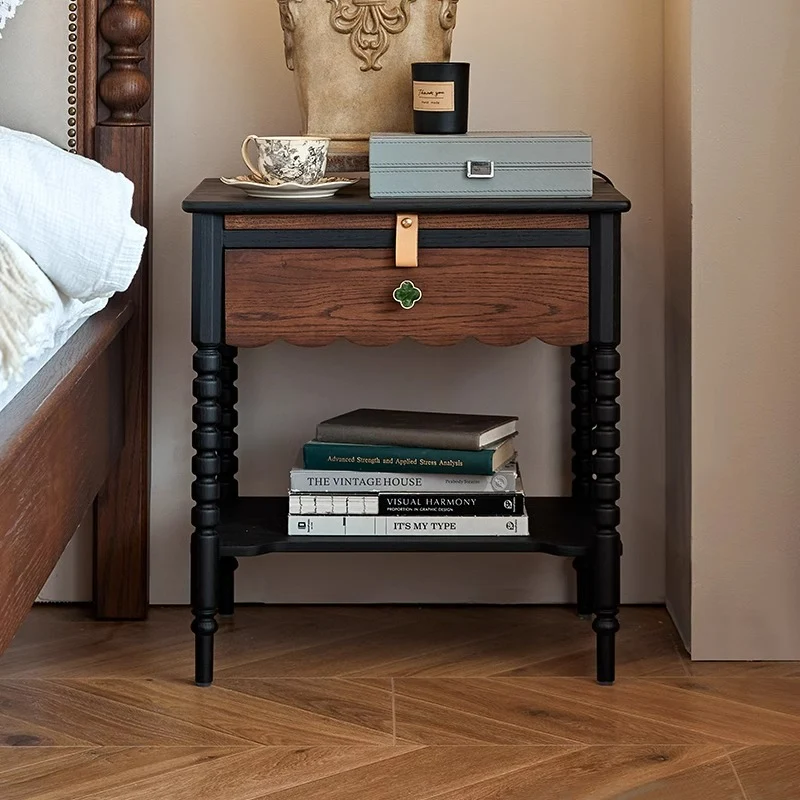 Traditional Vintage Rubberwood Wavy Square Cylinder Nightstand 2-Tier For Bedroom