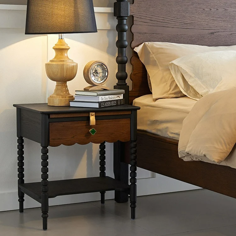 Traditional Vintage Rubberwood Wavy Square Cylinder Nightstand 2-Tier For Bedroom