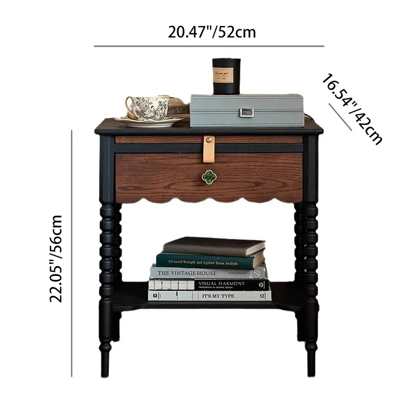 Traditional Vintage Rubberwood Wavy Square Cylinder Nightstand 2-Tier For Bedroom