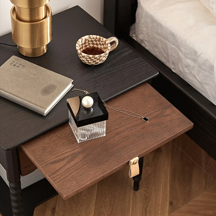 Traditional Vintage Rubberwood Wavy Square Cylinder Nightstand 2-Tier For Bedroom