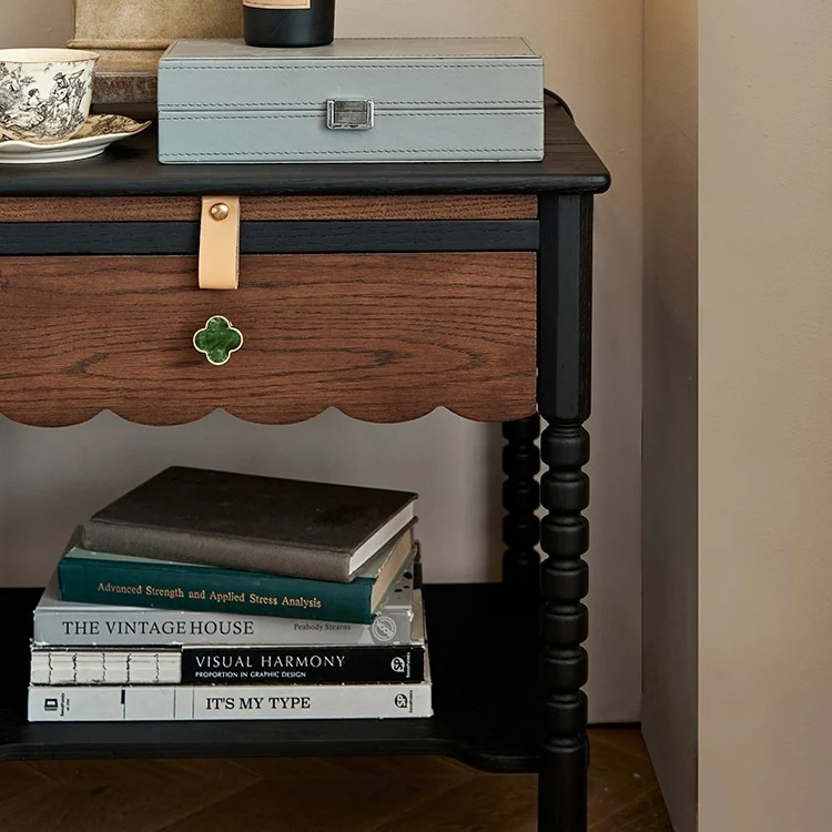 Traditional Vintage Rubberwood Wavy Square Cylinder Nightstand 2-Tier For Bedroom