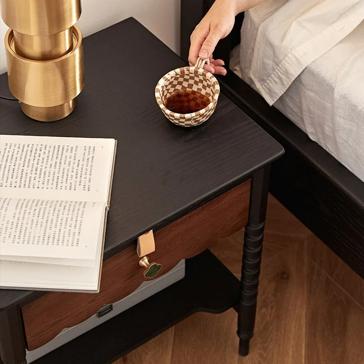 Traditional Vintage Rubberwood Wavy Square Cylinder Nightstand 2-Tier For Bedroom