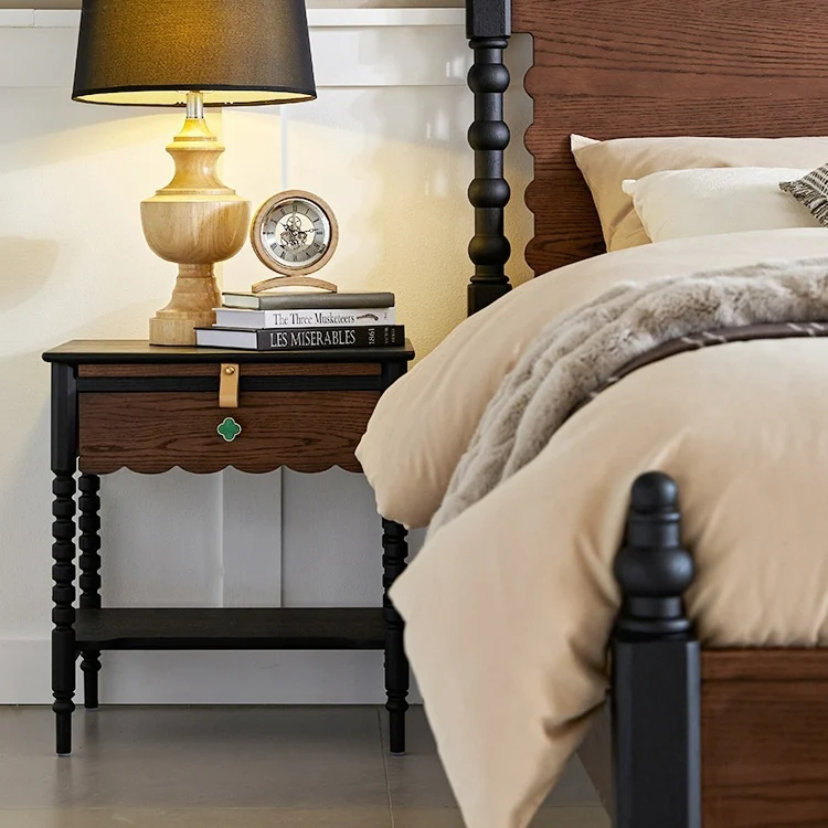 Traditional Vintage Rubberwood Wavy Square Cylinder Nightstand 2-Tier For Bedroom