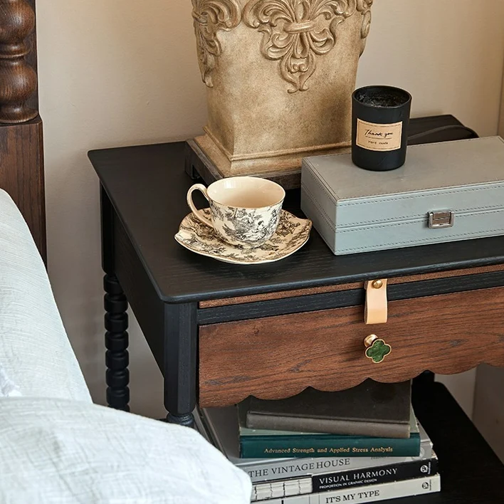 Traditional Vintage Rubberwood Wavy Square Cylinder Nightstand 2-Tier For Bedroom