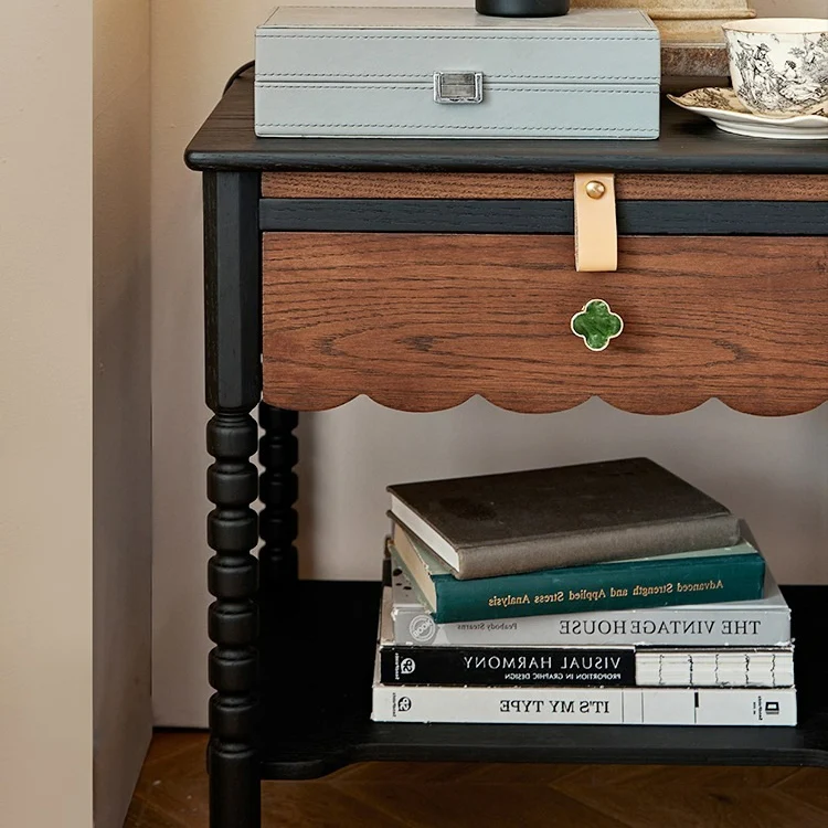 Traditional Vintage Rubberwood Wavy Square Cylinder Nightstand 2-Tier For Bedroom