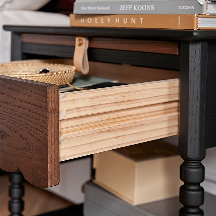 Traditional Vintage Rubberwood Wavy Square Cylinder Nightstand 2-Tier For Bedroom