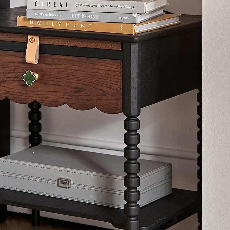 Traditional Vintage Rubberwood Wavy Square Cylinder Nightstand 2-Tier For Bedroom