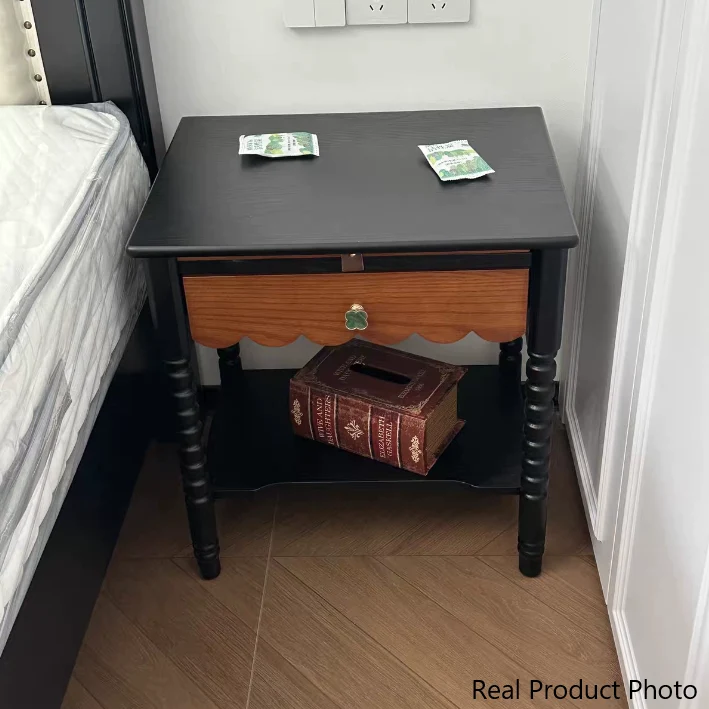 Traditional Vintage Rubberwood Wavy Square Cylinder Nightstand 2-Tier For Bedroom