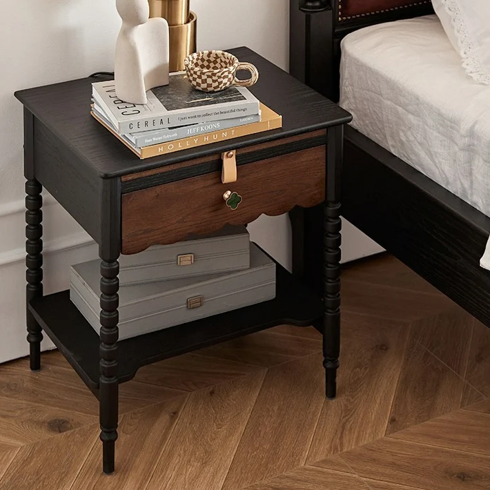 Traditional Vintage Rubberwood Wavy Square Cylinder Nightstand 2-Tier For Bedroom