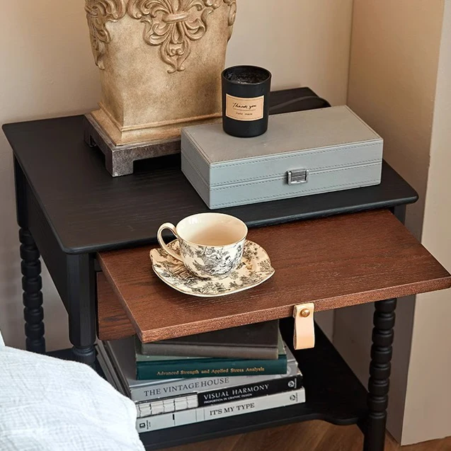 Traditional Vintage Rubberwood Wavy Square Cylinder Nightstand 2-Tier For Bedroom