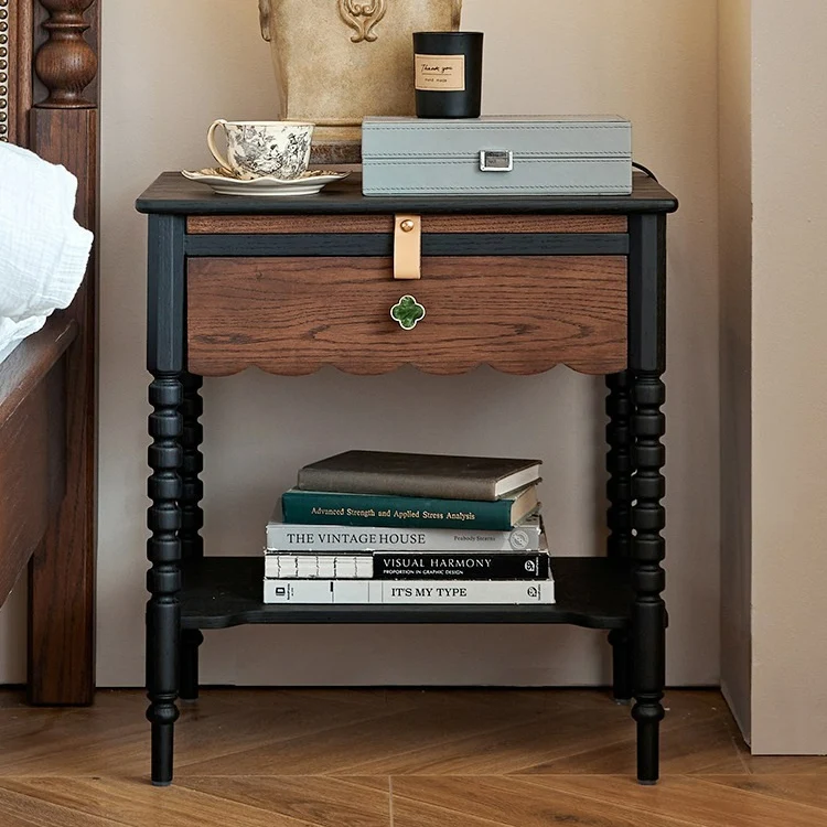 Traditional Vintage Rubberwood Wavy Square Cylinder Nightstand 2-Tier For Bedroom