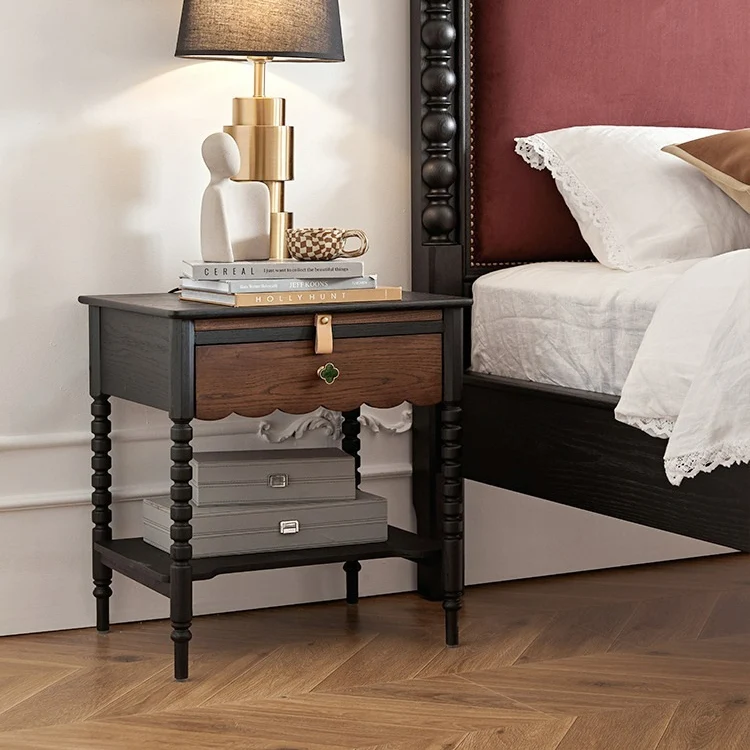 Traditional Vintage Rubberwood Wavy Square Cylinder Nightstand 2-Tier For Bedroom