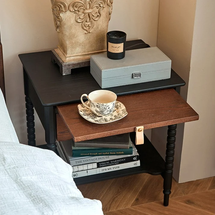 Traditional Vintage Rubberwood Wavy Square Cylinder Nightstand 2-Tier For Bedroom