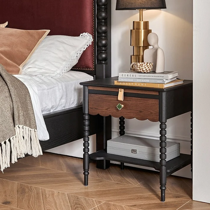 Traditional Vintage Rubberwood Wavy Square Cylinder Nightstand 2-Tier For Bedroom