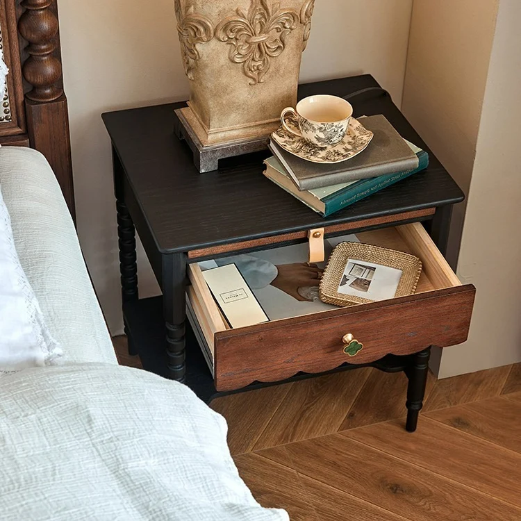 Traditional Vintage Rubberwood Wavy Square Cylinder Nightstand 2-Tier For Bedroom