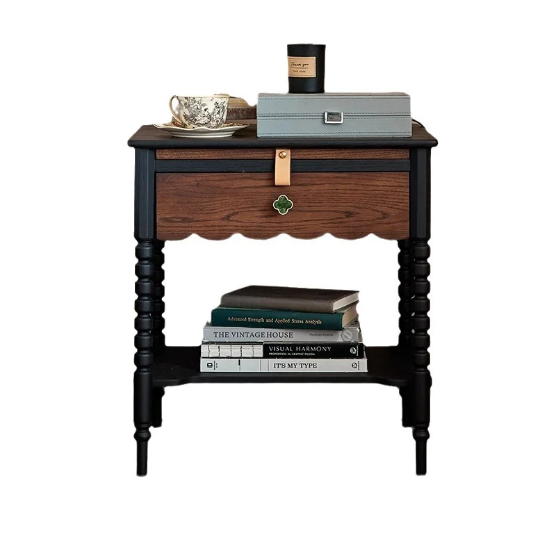 Traditional Vintage Rubberwood Wavy Square Cylinder Nightstand 2-Tier For Bedroom
