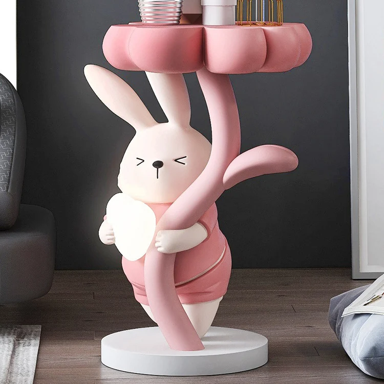Modern Art Deco Resin Clover Cartoon Rabbit End Table 1-Tier For Living Room