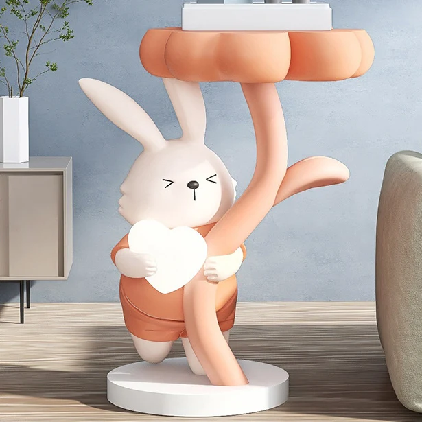 Modern Art Deco Resin Clover Cartoon Rabbit End Table 1-Tier For Living Room