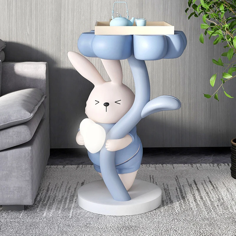 Modern Art Deco Resin Clover Cartoon Rabbit End Table 1-Tier For Living Room